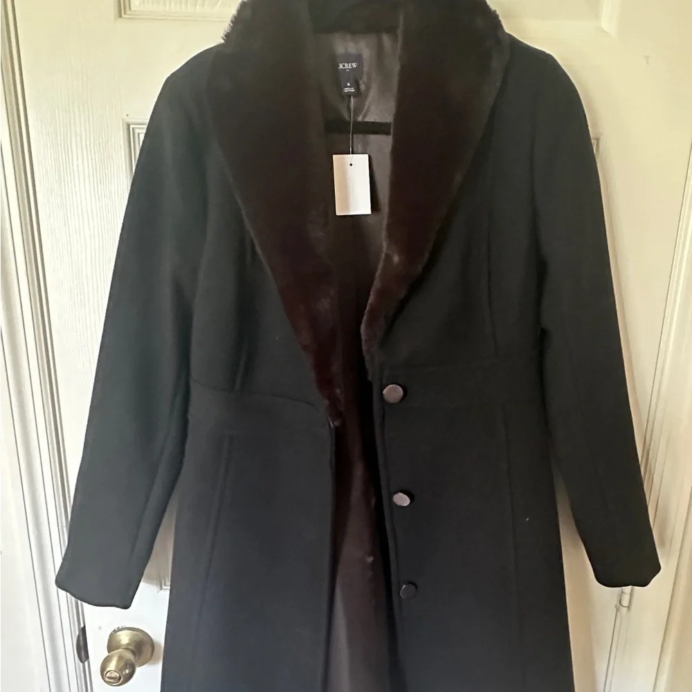 J. Crew Factory Black Trench Lady Day Coat with Faux Fur Collar - Picture 3 of 6